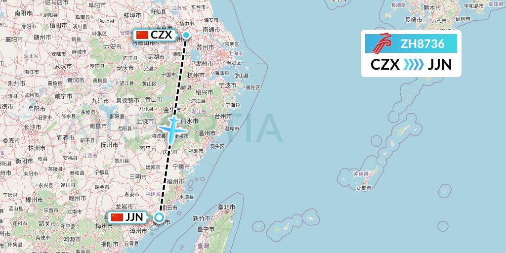 ZH8736 Shenzhen Airlines Flight Map: Changzhou to Jinjiang