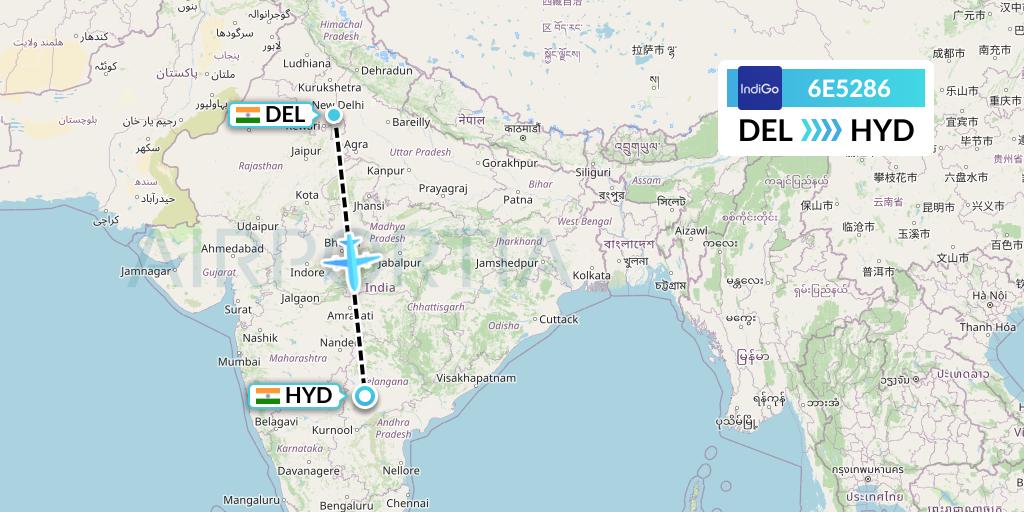 6E5286 IndiGo Airlines Flight Map: Delhi to Hyderabad