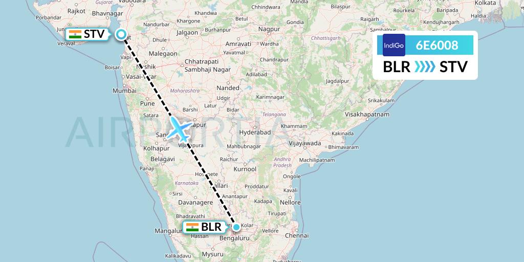 6E6008 IndiGo Airlines Flight Map: Bangalore to Surat