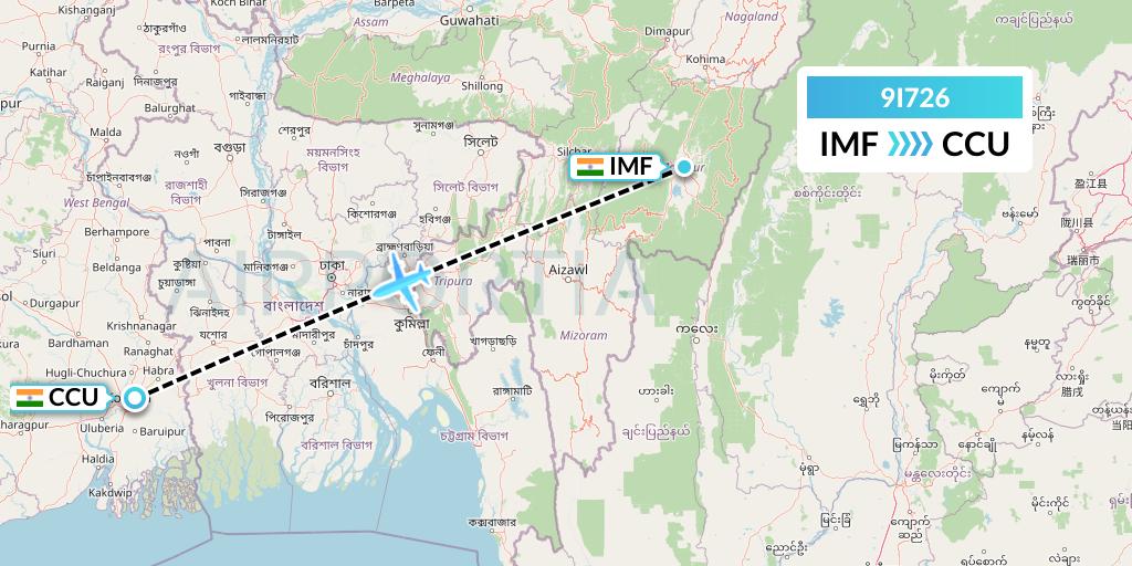 9I726 Air India Regional Flight Map: Imphal to Kolkata
