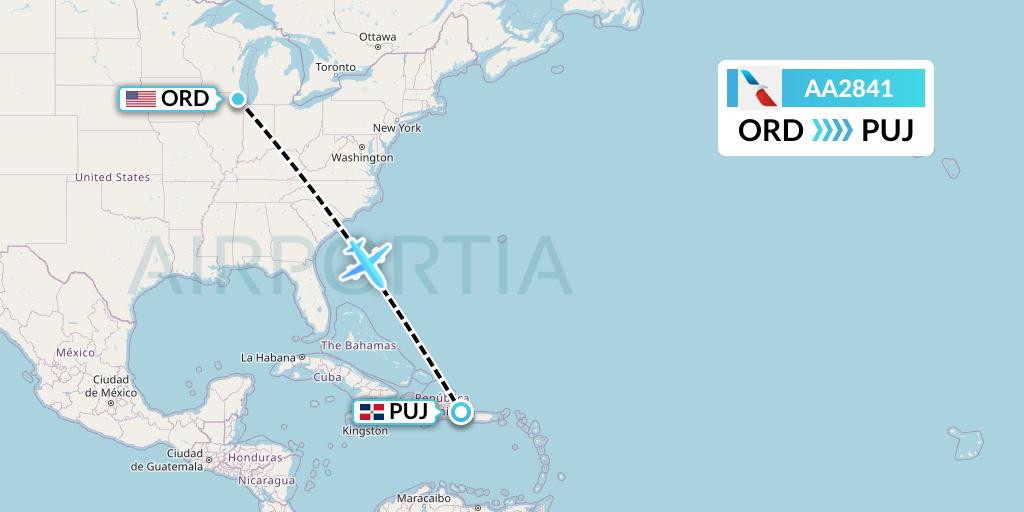 AA2841 American Airlines Flight Map: Chicago to Punta Cana