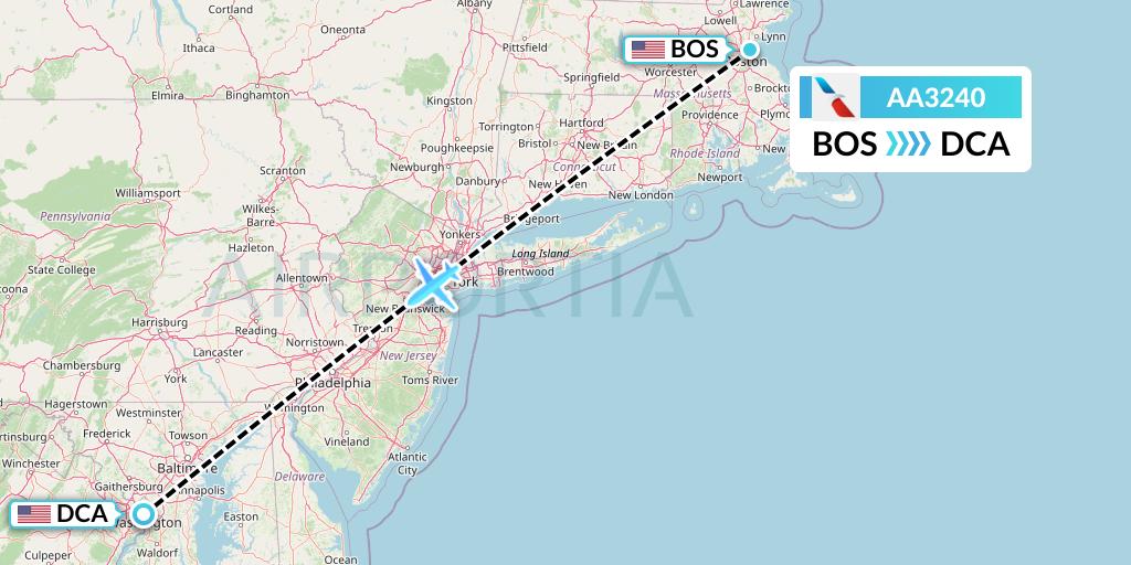 AA3240 American Airlines Flight Map: Boston to Washington