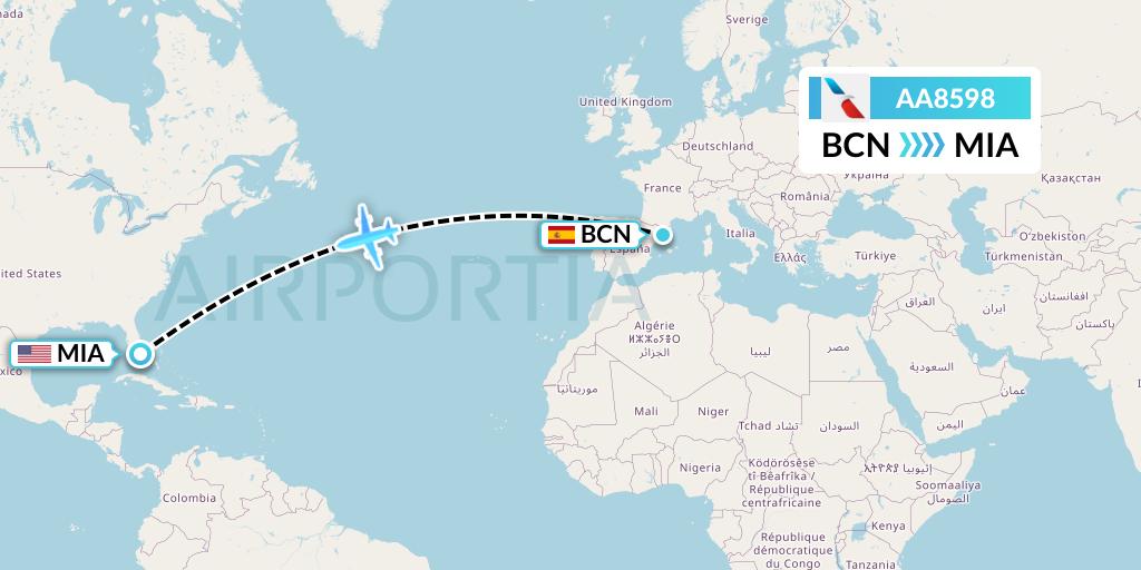 AA8598 American Airlines Flight Map: Barcelona to Miami