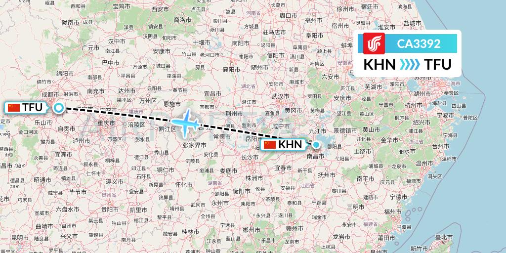 CA3392 Air China Flight Map: Nanchang to Chengdu