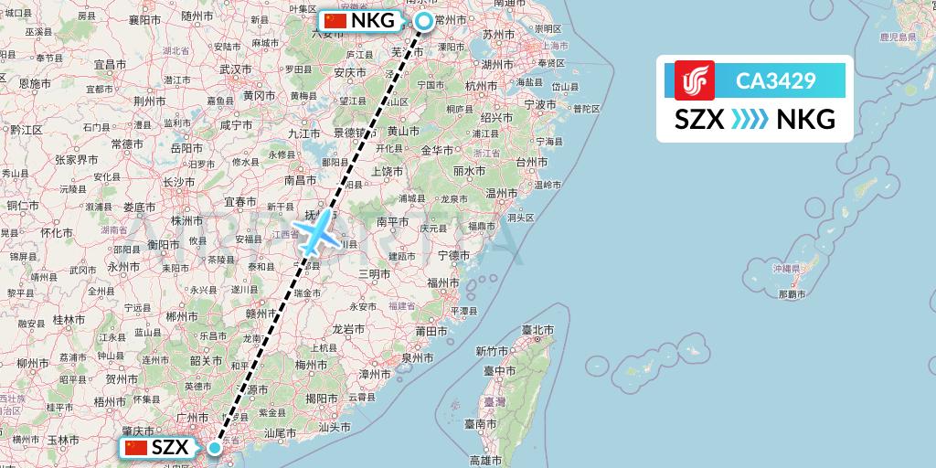 CA3429 Air China Flight Map: Shenzhen to Nanjing