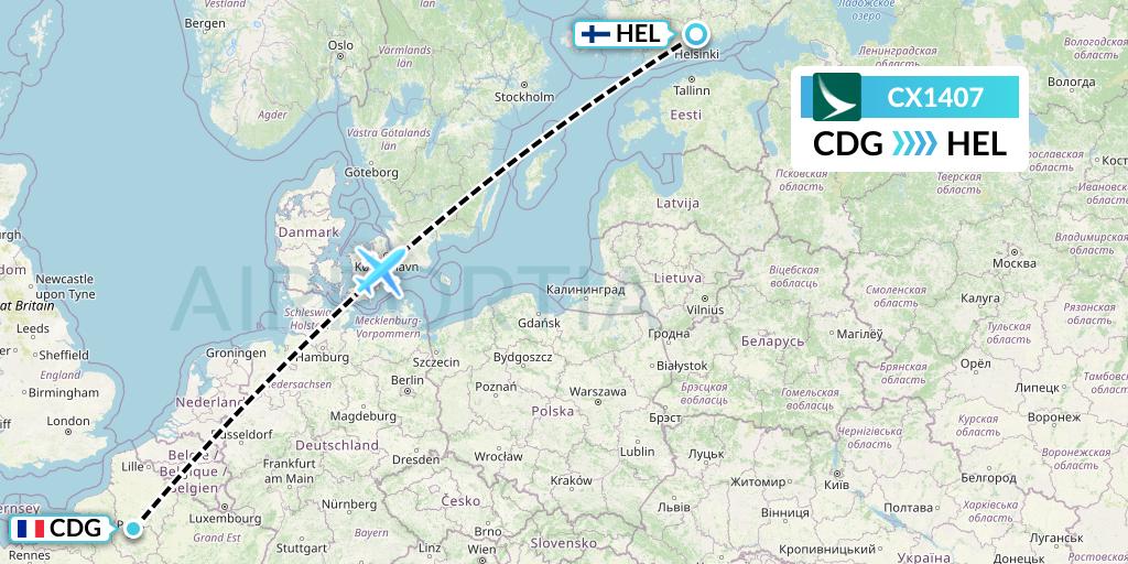 CX1407 Cathay Pacific Flight Map: Paris to Helsinki