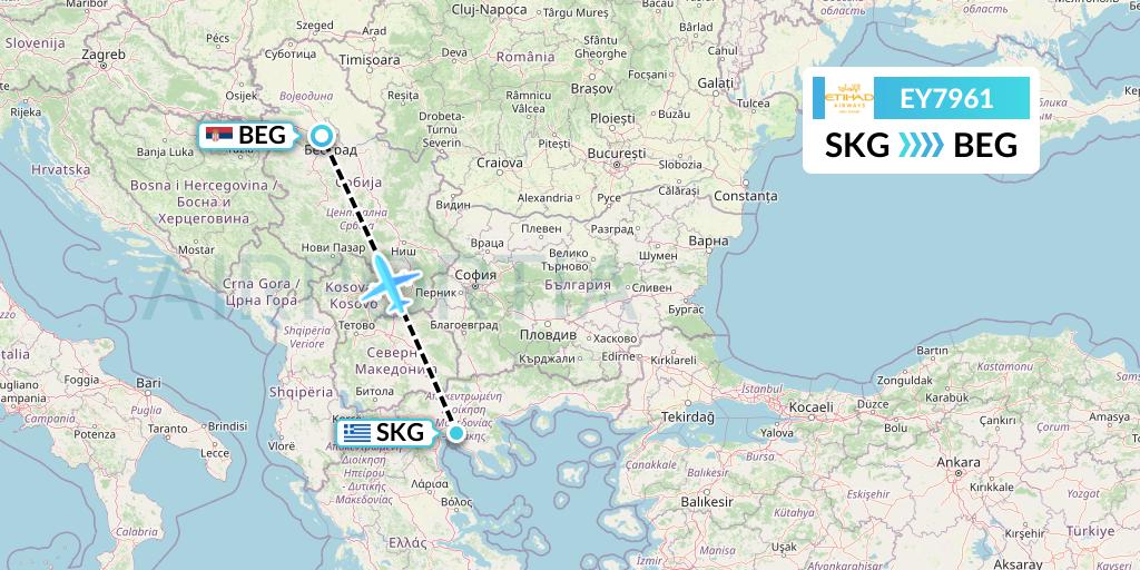 EY7961 Etihad Airways Flight Map: Thessaloniki to Belgrade