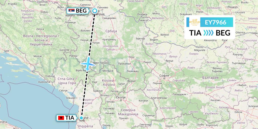 EY7966 Etihad Airways Flight Map: Tirana to Belgrade