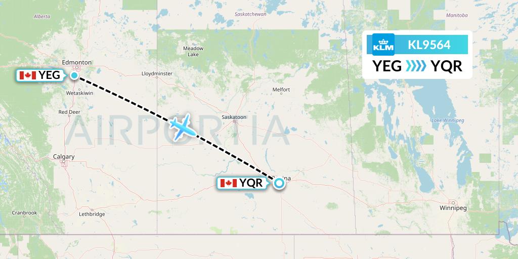 KL9564 KLM Flight Map: Edmonton to Regina