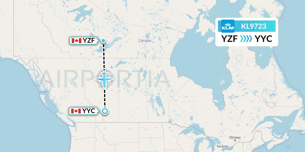 KL9723 KLM Flight Map: Yellowknife to Calgary