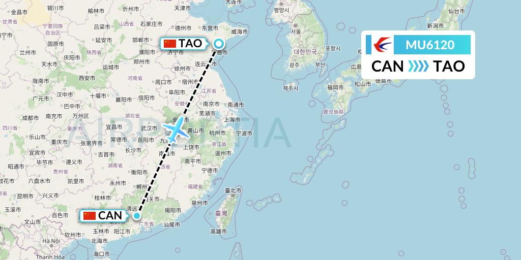 MU6120 China Eastern Airlines Flight Map: Guangzhou to Qingdao