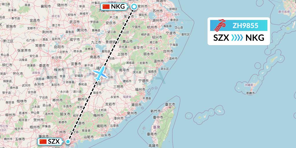 ZH9855 Shenzhen Airlines Flight Map: Shenzhen to Nanjing
