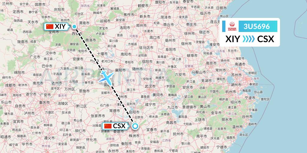 3U5696 Sichuan Airlines Flight Map: Xi'an to Changsha