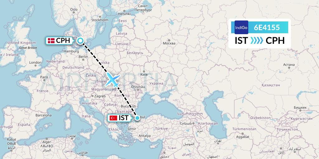 6E4155 IndiGo Airlines Flight Map: Istanbul to Copenhagen