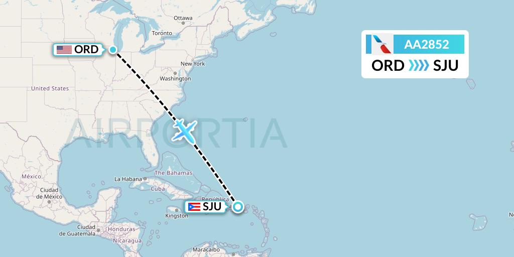 AA2852 American Airlines Flight Map: Chicago to San Juan