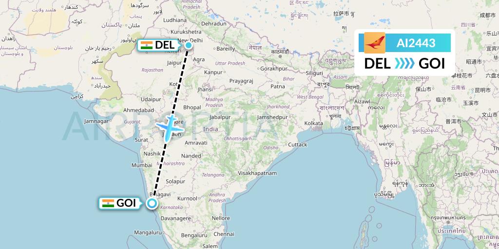 AI2443 Air India Flight Map: Delhi to Goa