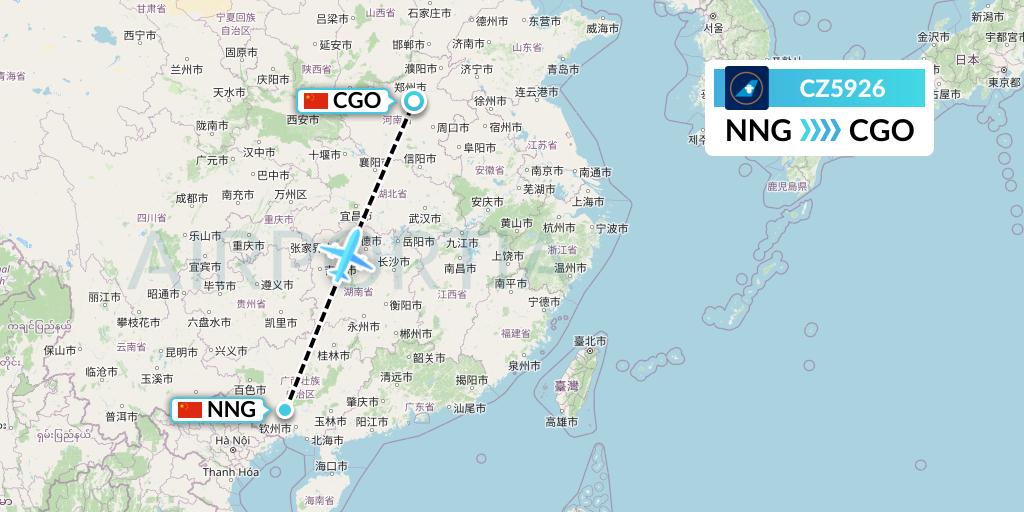 CZ5926 China Southern Airlines Flight Map: Nanning to Zhengzhou