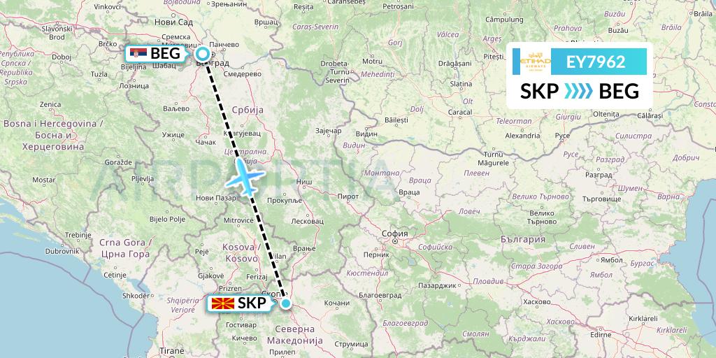 EY7962 Etihad Airways Flight Map: Skopje to Belgrade