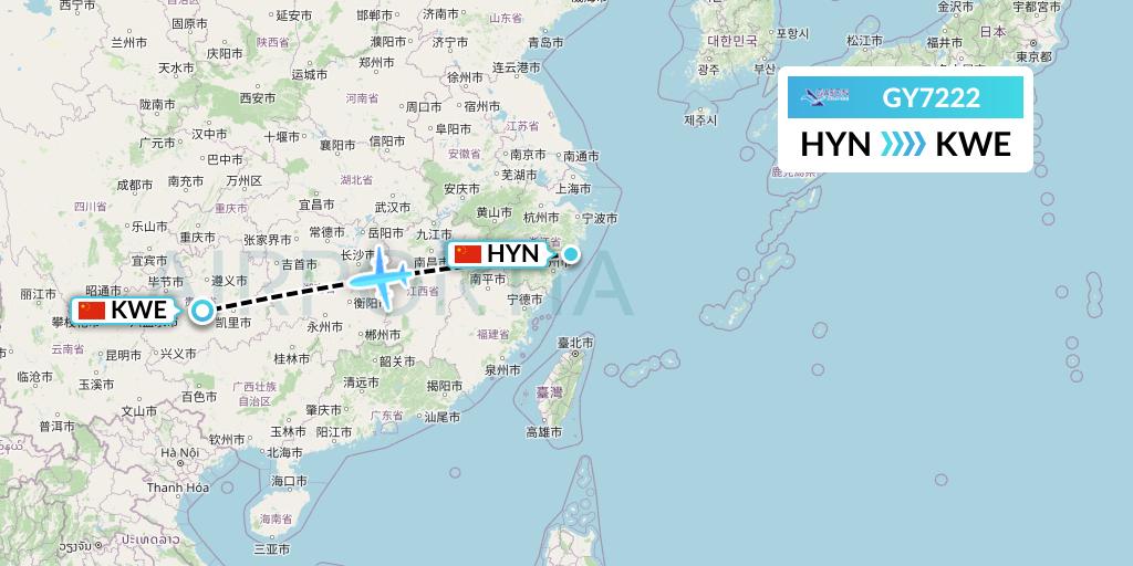 GY7222 Colorful GuiZhou Airlines Flight Map: Huangyan to Guiyang