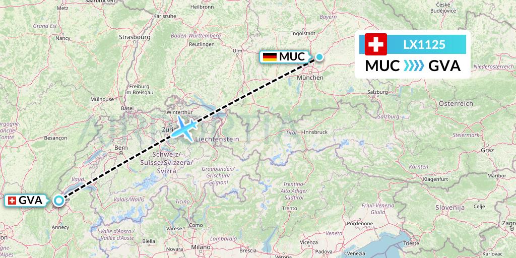 LX1125 Swiss Flight Map: Munich to Geneva