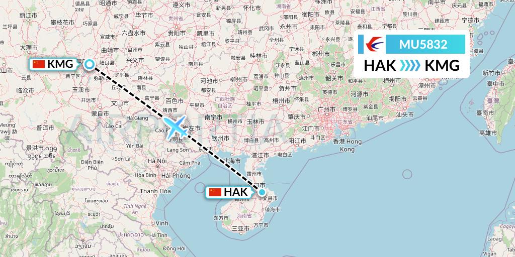 MU5832 China Eastern Airlines Flight Map: Haikou to Kunming