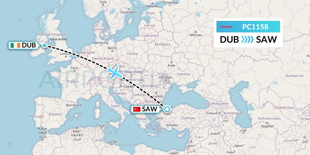 PC1158 Pegasus Airlines Flight Map: Dublin to Istanbul