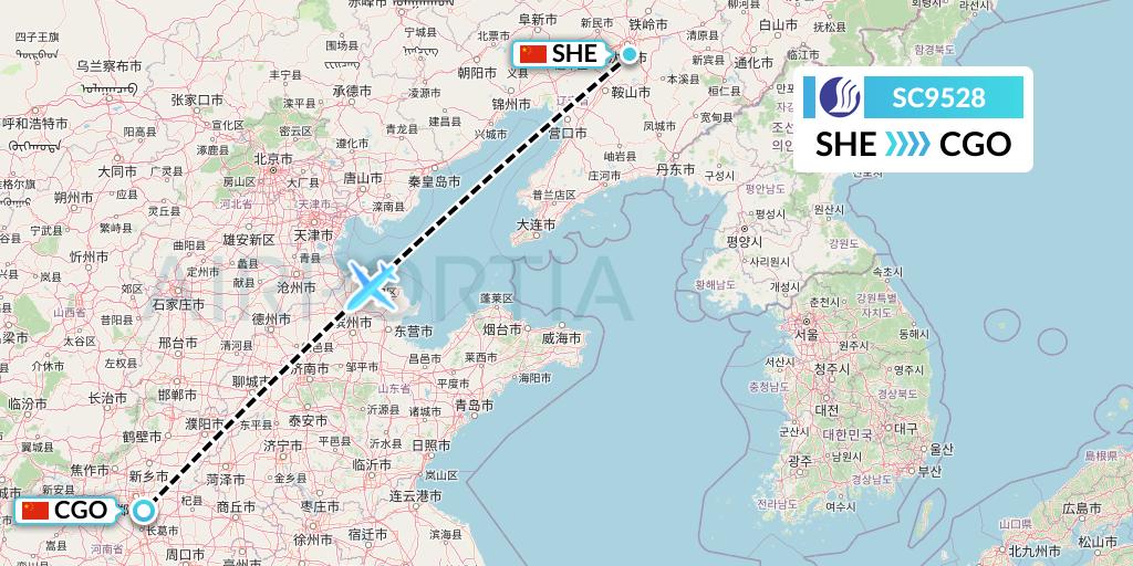 SC9528 Shandong Airlines Flight Map: Shenyang to Zhengzhou