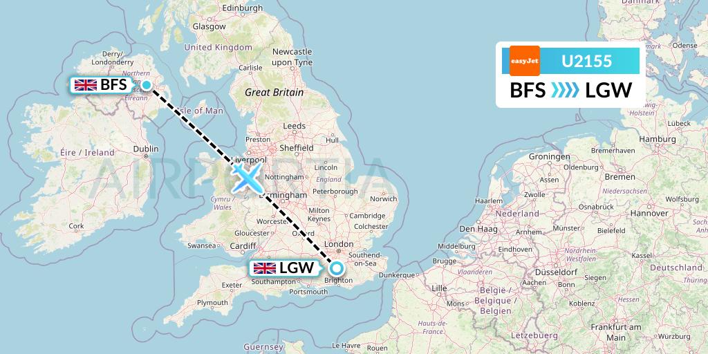 U2155 EasyJet Flight Map: Belfast to London