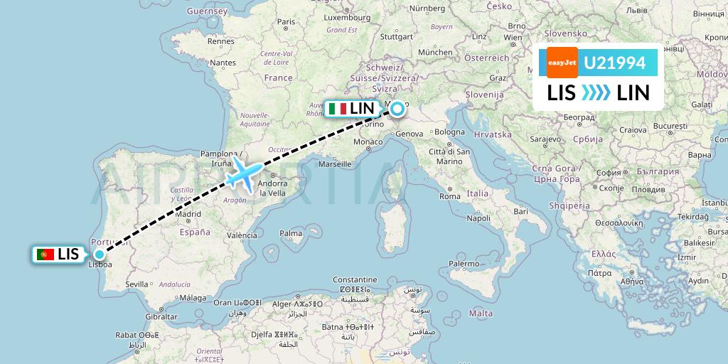 U21994 EasyJet Flight Map: Lisbon to Milan