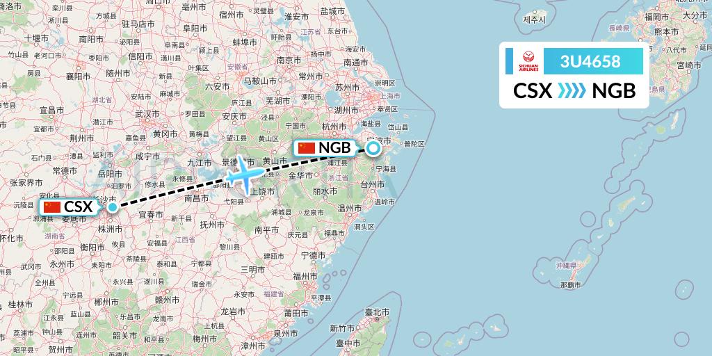 3U4658 Sichuan Airlines Flight Map: Changsha to Ningbo