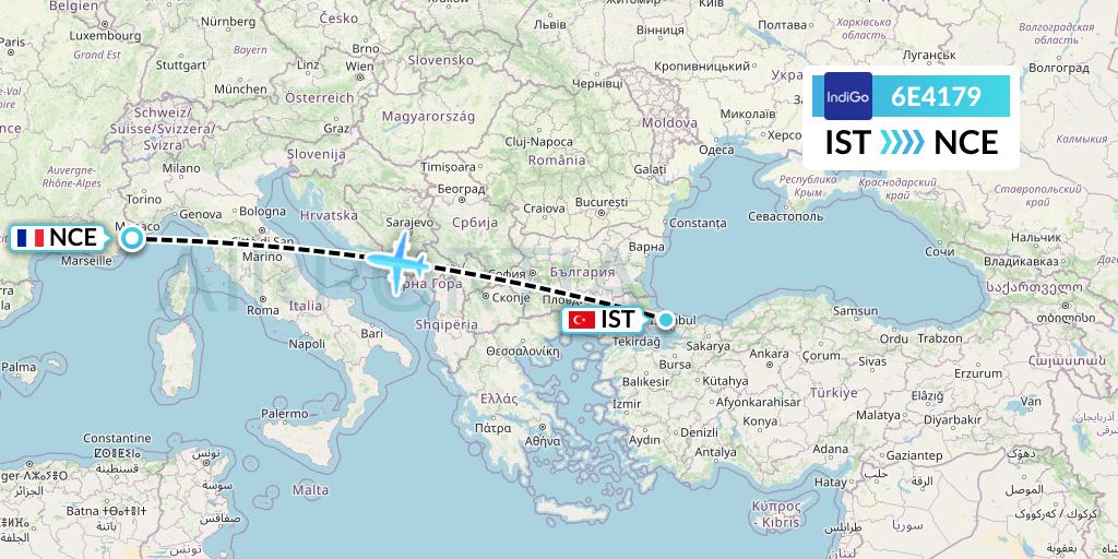 6E4179 IndiGo Airlines Flight Map: Istanbul to Nice