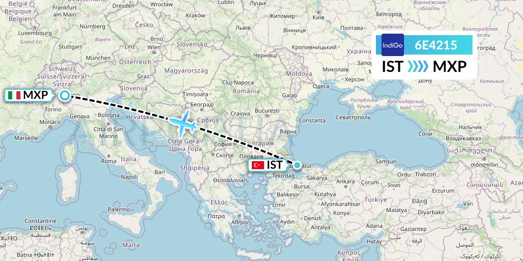6E4215 IndiGo Airlines Flight Map: Istanbul to Milan