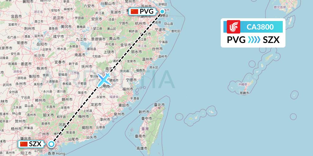 CA3800 Air China Flight Map: Shanghai to Shenzhen
