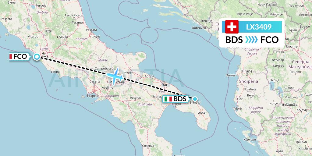 LX3409 Swiss Flight Map: Brindisi to Rome