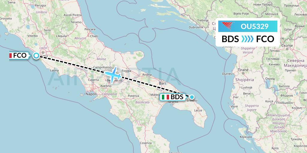 OU5329 Croatia Airlines Flight Map: Brindisi to Rome