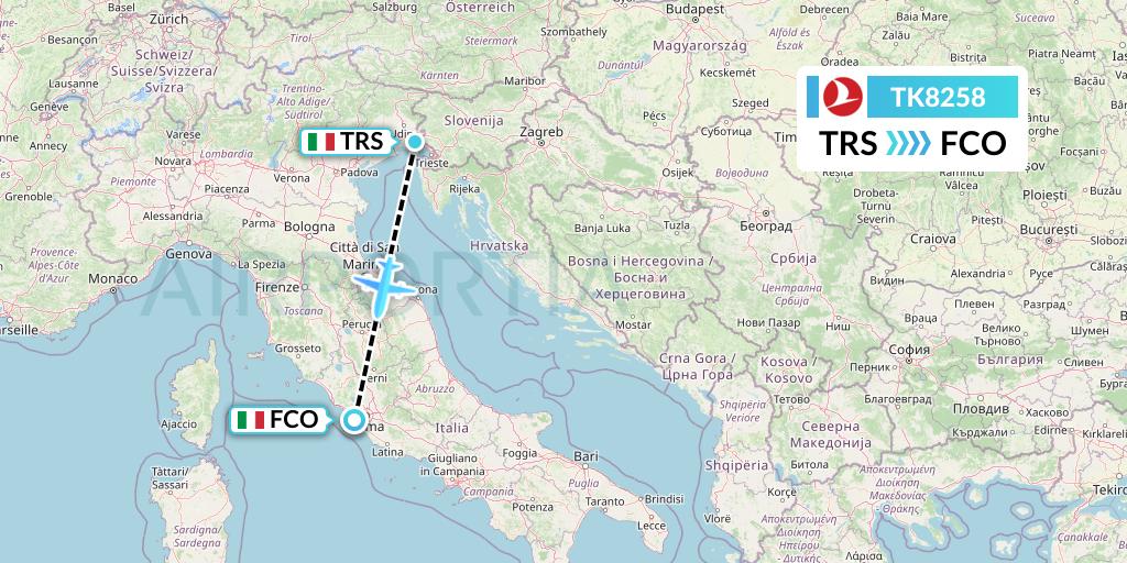 TK8258 Turkish Airlines Flight Map: Trieste to Rome