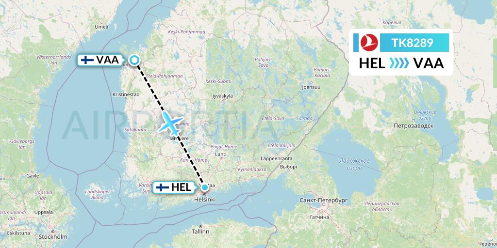 TK8289 Turkish Airlines Flight Map: Helsinki to Vaasa