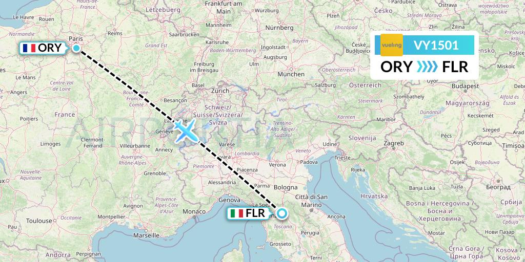 VY1501 Vueling Flight Map: Paris to Florence