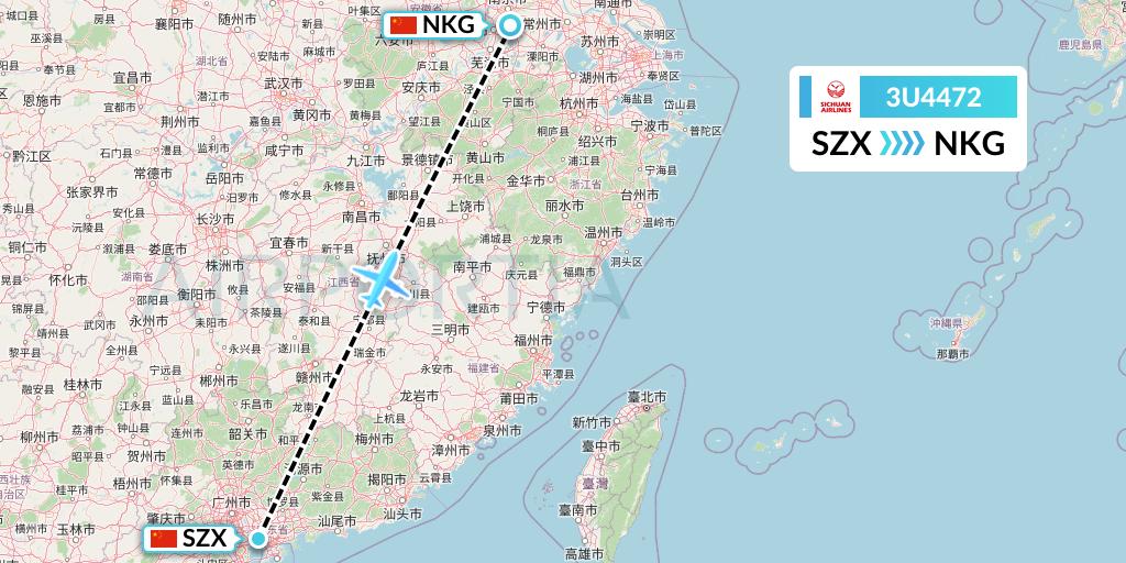 3U4472 Sichuan Airlines Flight Map: Shenzhen to Nanjing
