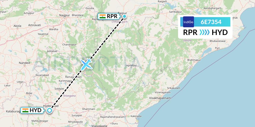 6E7354 IndiGo Airlines Flight Map: Raipur to Hyderabad