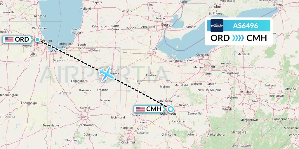 AS6496 Alaska Airlines Flight Map: Chicago to Columbus