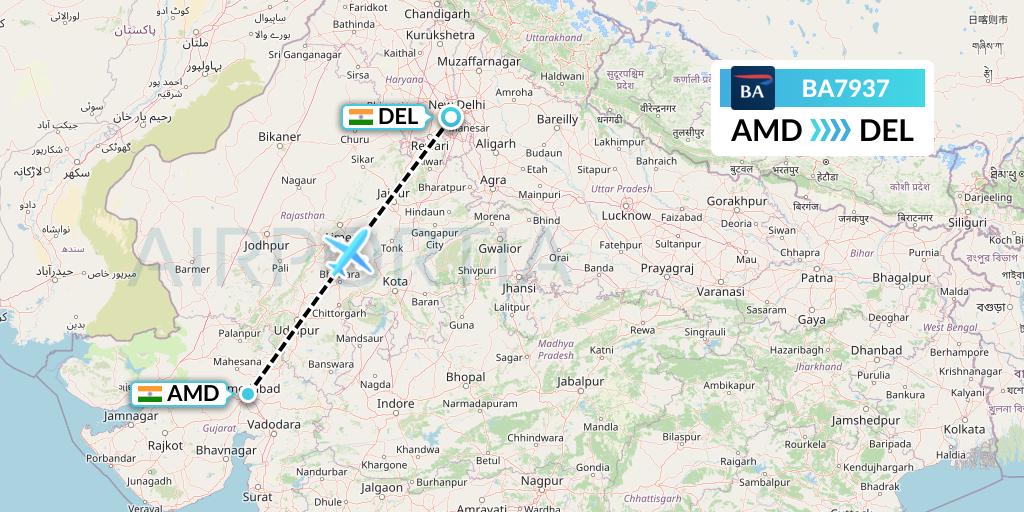 BA7937 British Airways Flight Map: Ahmedabad to Delhi