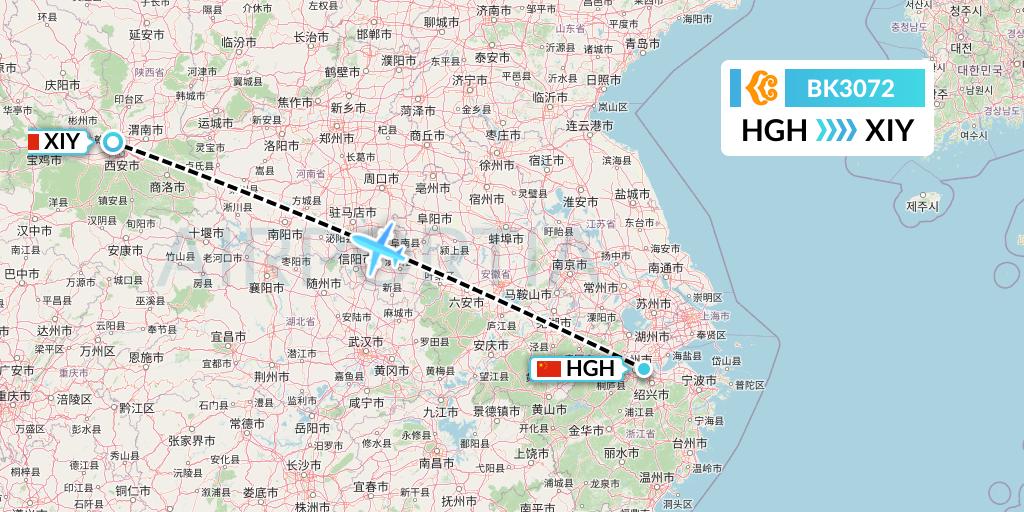 BK3072 Okay Airways Flight Map: Hangzhou to Xi'an