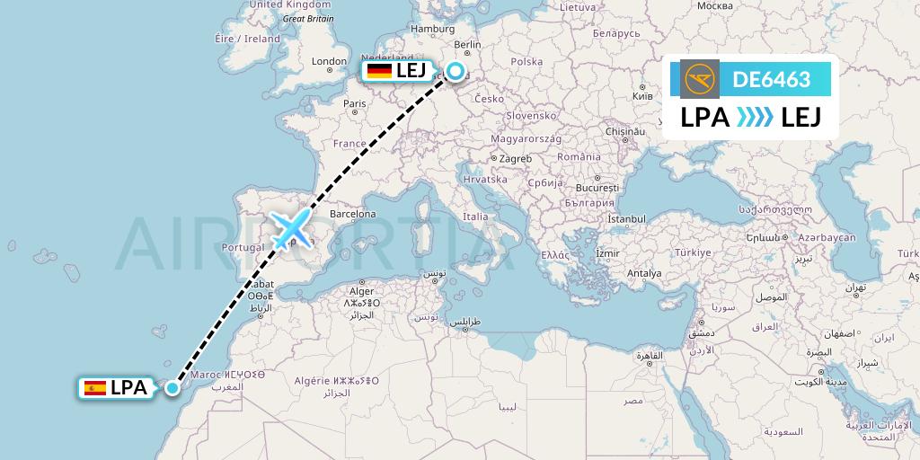 DE6463 Condor Flight Map: Las Palmas to Leipzig