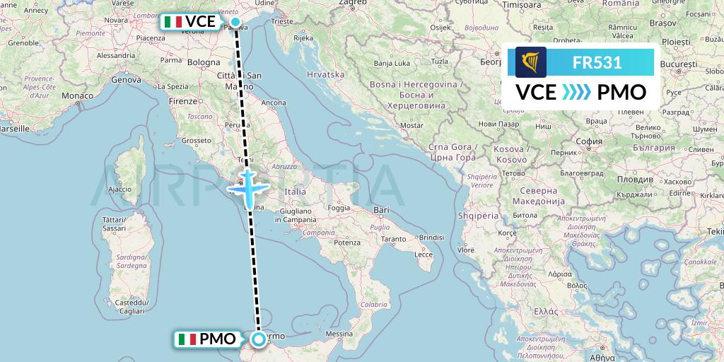FR531 Ryanair Flight Map: Venice to Palermo
