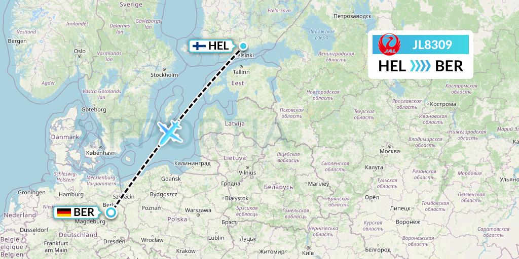 JL8309 Japan Airlines Flight Map: Helsinki to Berlin