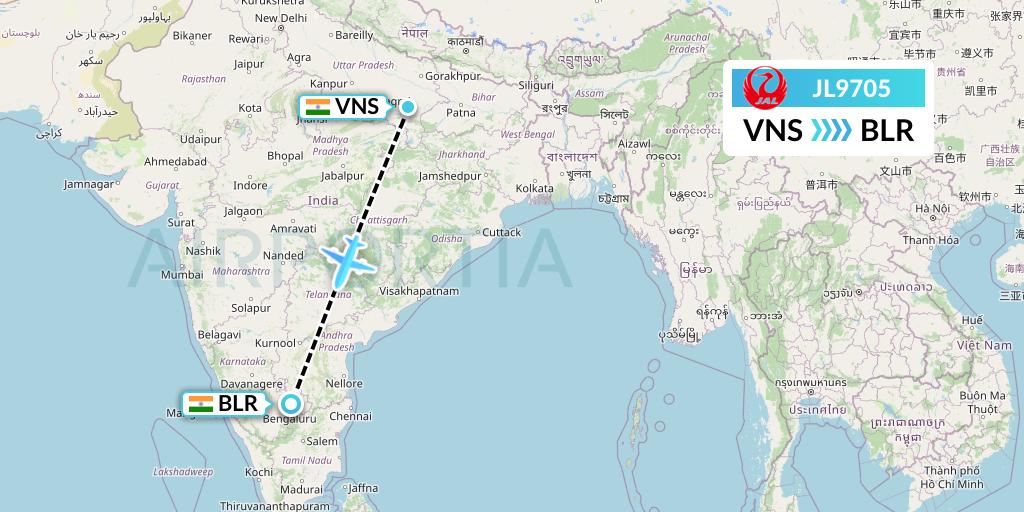 JL9705 Japan Airlines Flight Map: Varanasi to Bangalore