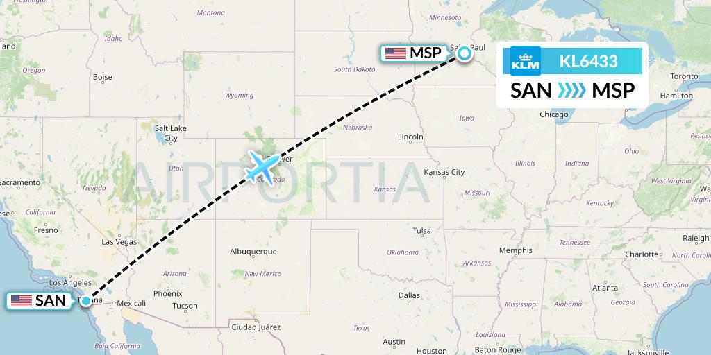 KL6433 KLM Flight Map: San Diego to Minneapolis