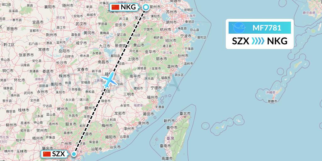 MF7781 Xiamen Airlines Flight Map: Shenzhen to Nanjing