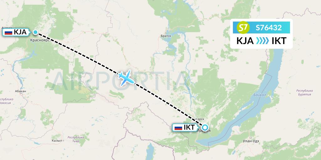 S76432 S7 Airlines Flight Map: Krasnoyarsk to Irkutsk